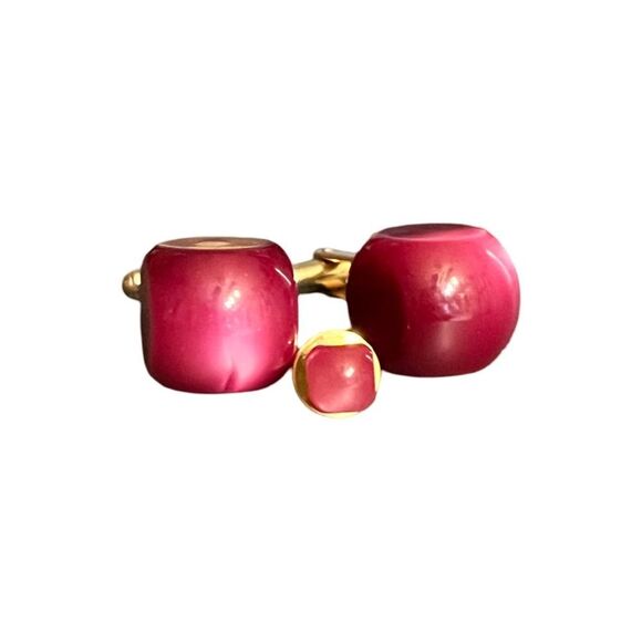 Vtg Cranberry Moonglow Plum Gold statement Jewelry Designer Cuff Links & Tie Pin - Picture 8 of 9